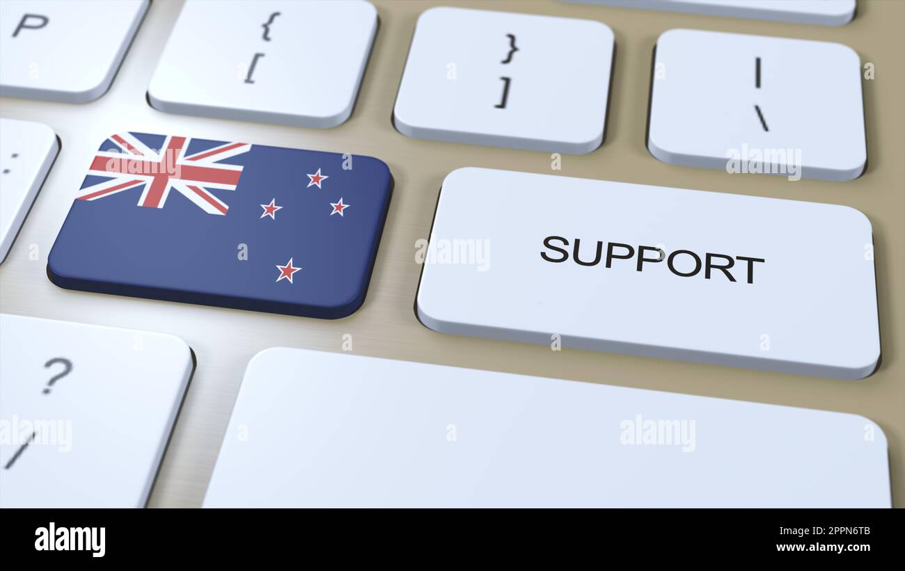 New Zealand Support Concept. Button Push 3D Illustration. Support of Country or Government with National Flag. Stock Photo