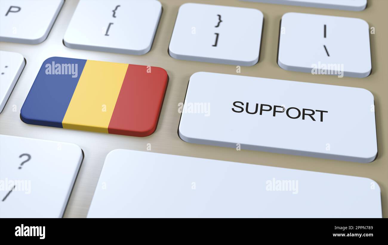 Romania Support Concept. Button Push 3D Illustration. Support of Country or Government with National Flag. Stock Photo