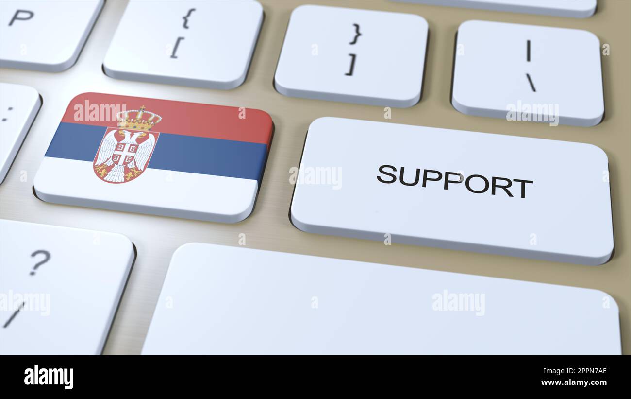 Serbia Support Concept. Button Push 3D Illustration. Support of Country or Government with National Flag. Stock Photo