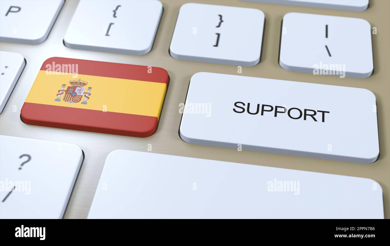 Spain Support Concept. Button Push 3D Illustration. Support of Country or Government with National Flag. Stock Photo