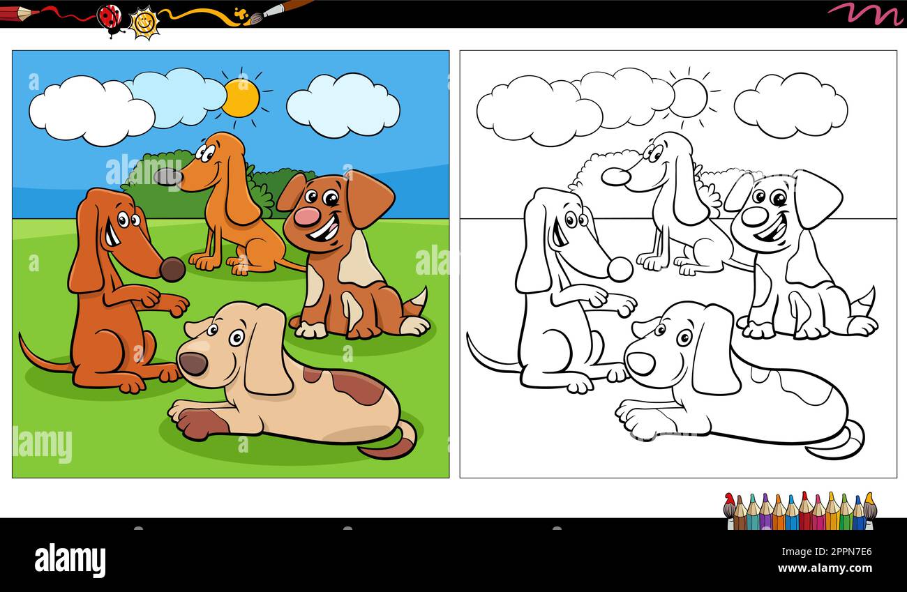 funny comic dogs characters group outdoor coloring page Stock Vector ...