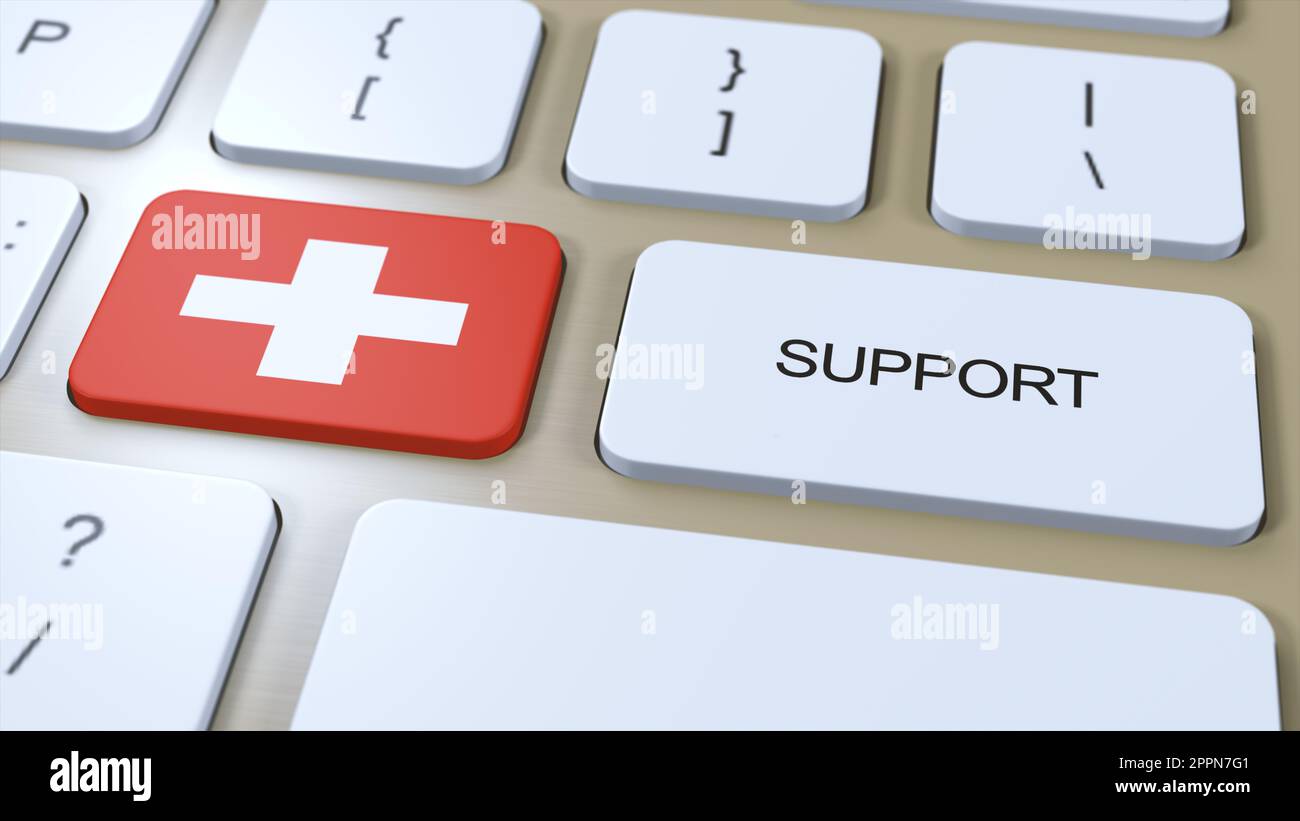 Switzerland Support Concept. Button Push 3D Illustration. Support of Country or Government with National Flag. Stock Photo