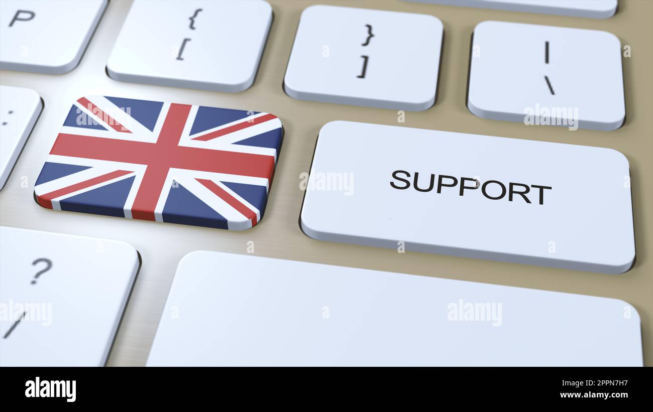 United Kingdom UK Support Concept. Button Push 3D Illustration. Support of Country or Government with National Flag. Stock Photo