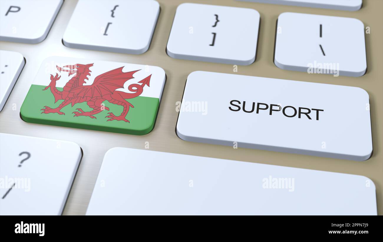 Wales Support Concept. Button Push 3D Illustration. Support of Country or Government with National Flag. Stock Photo