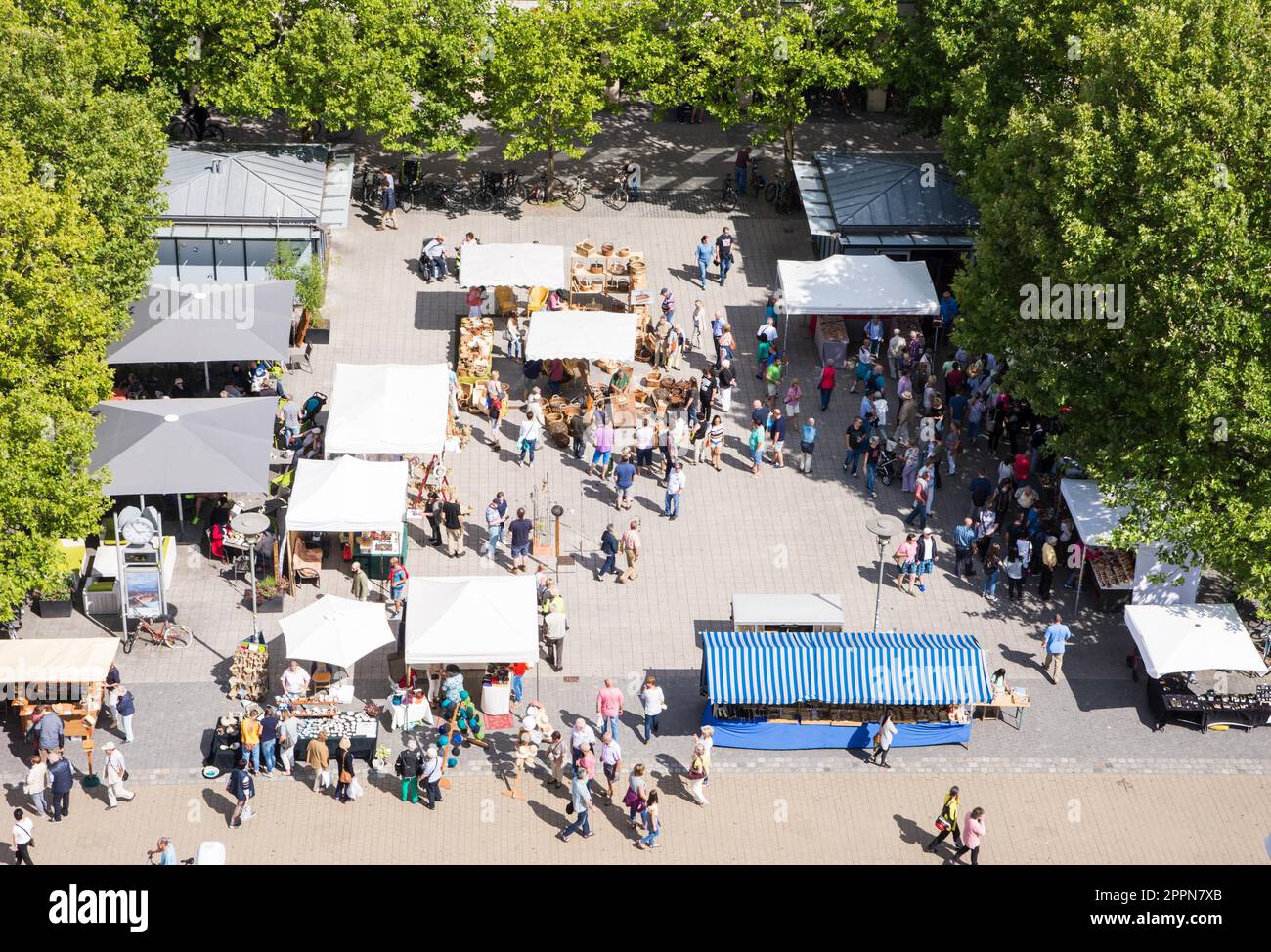 ERLANGEN, GERMANY - AUGUST 20: Aerial view over a market crowded with people in Erlangen, Germany on August 20, 2017 Stock Photo