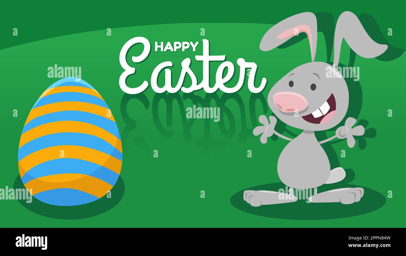 happy cartoon Easter bunny with painted egg greeting card Stock Vector ...