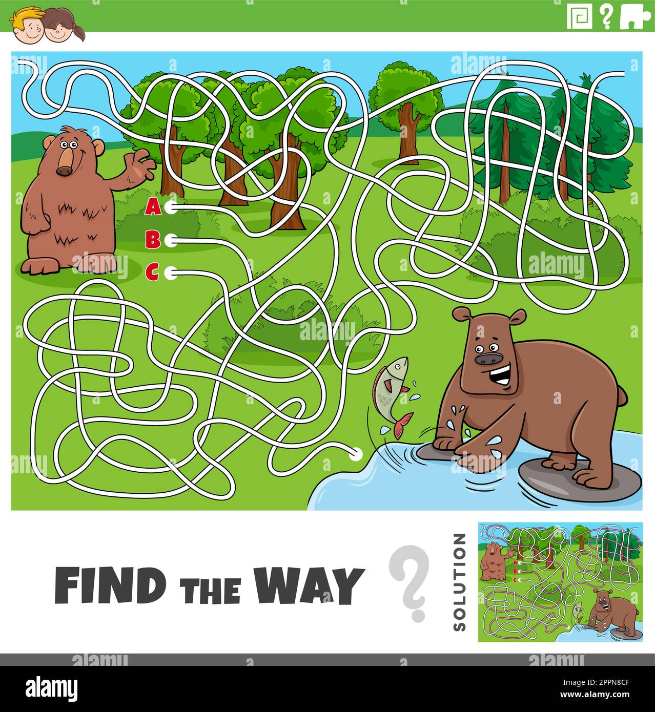 find the way maze game with cartoon bears characters Stock Vector Image