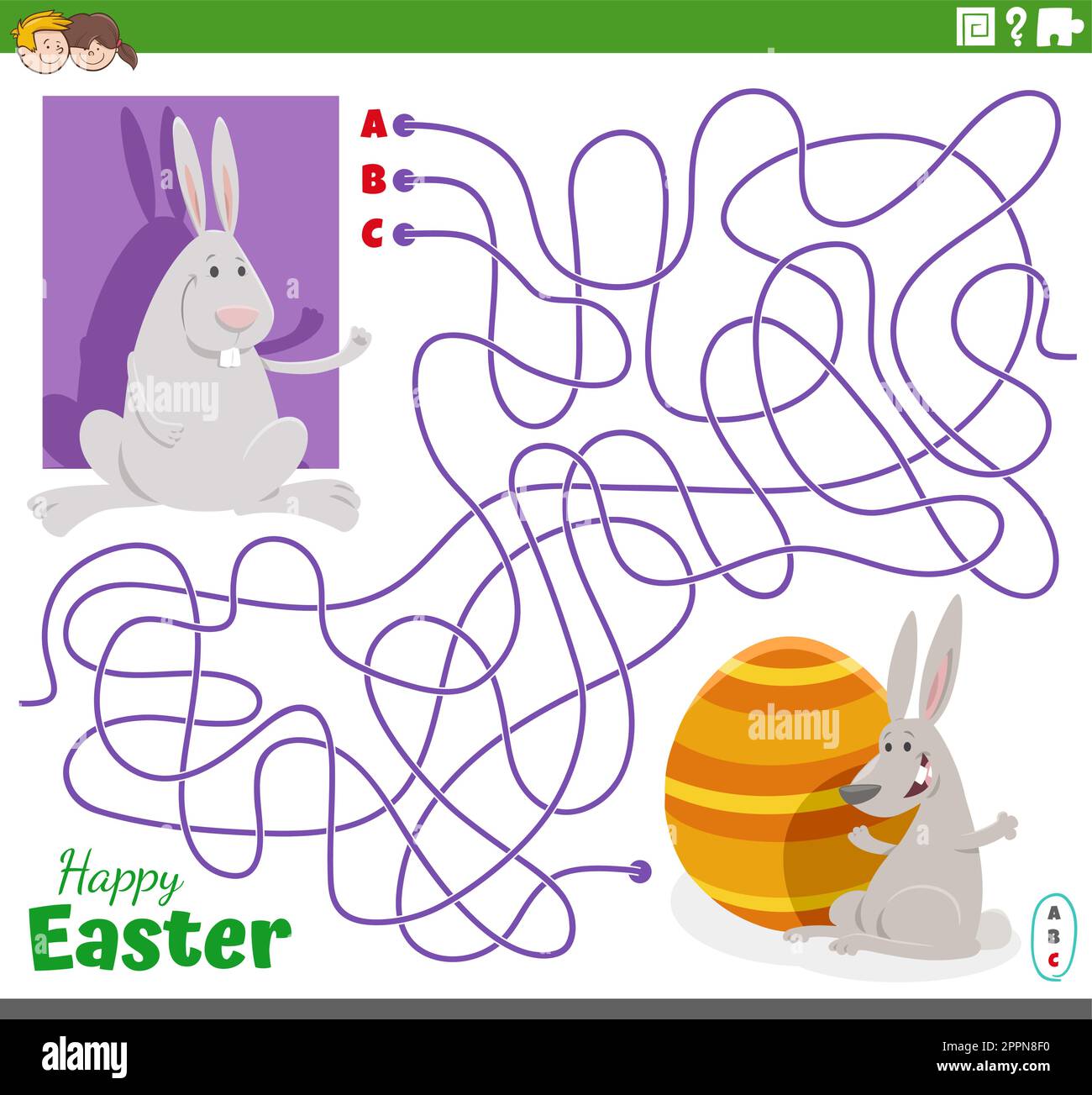 maze game with cartoon Easter Bunnies and egg Stock Vector