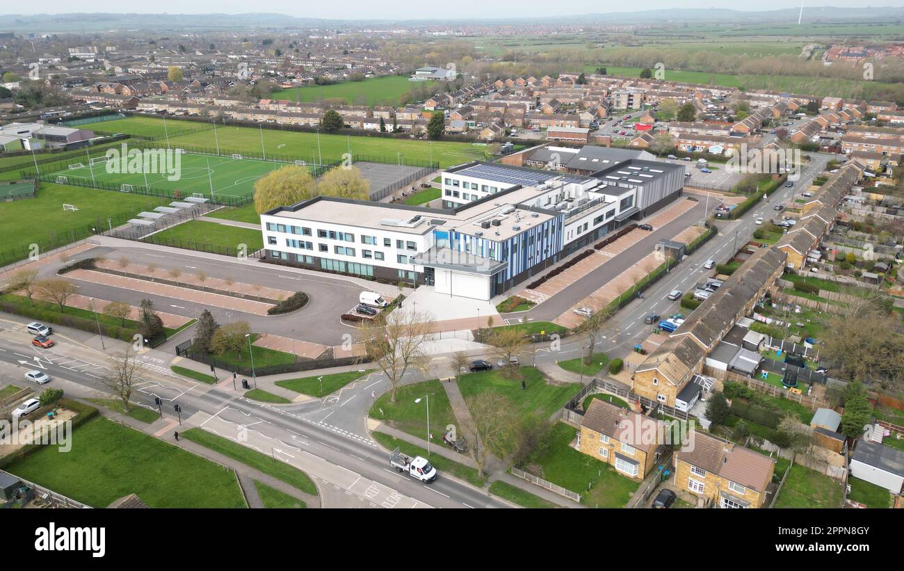 An aerial view of St Michael's School in Aylesbury against a backdrop of lush green grassy