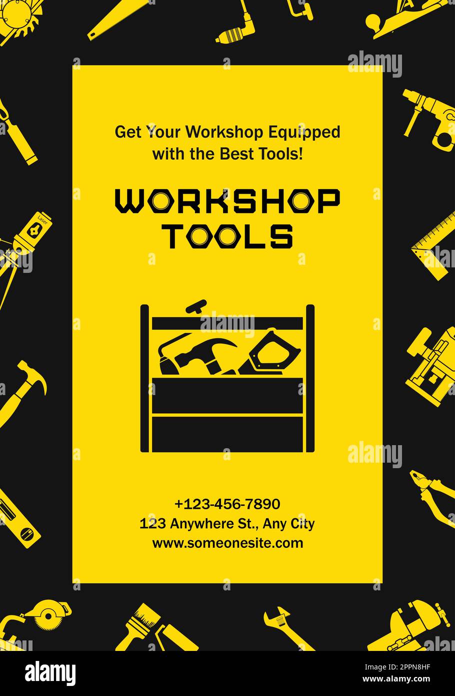 tools poster on yellow and black background. Suitable for use with card, poster, sales