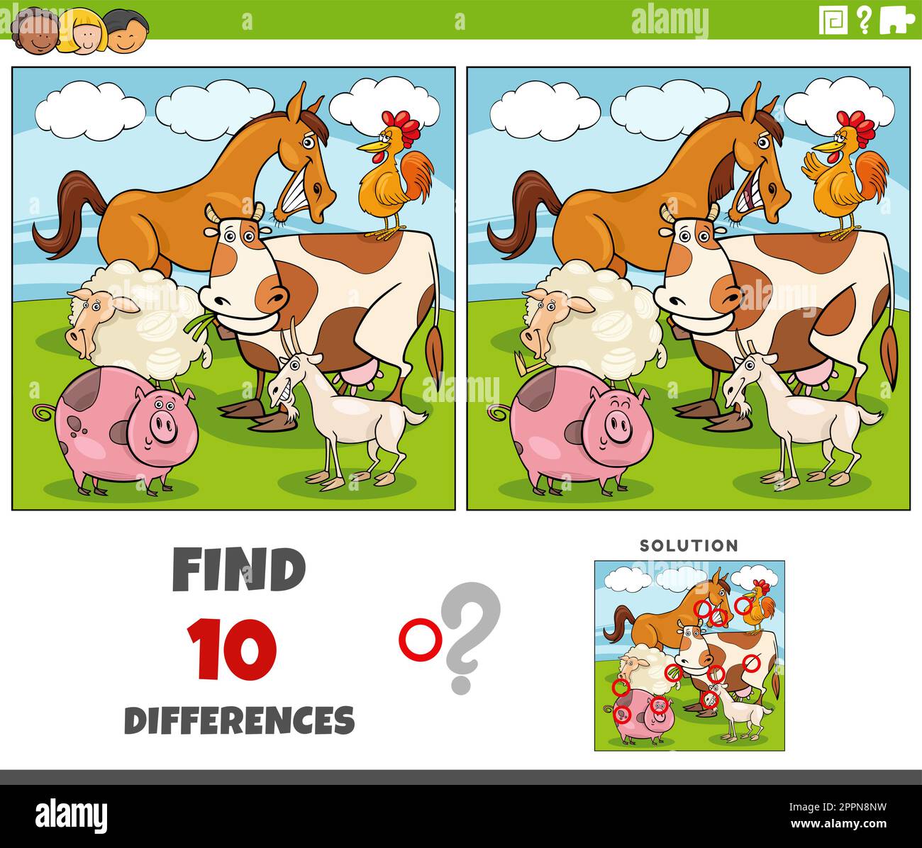differences game with cartoon farm animal characters Stock Vector Image ...