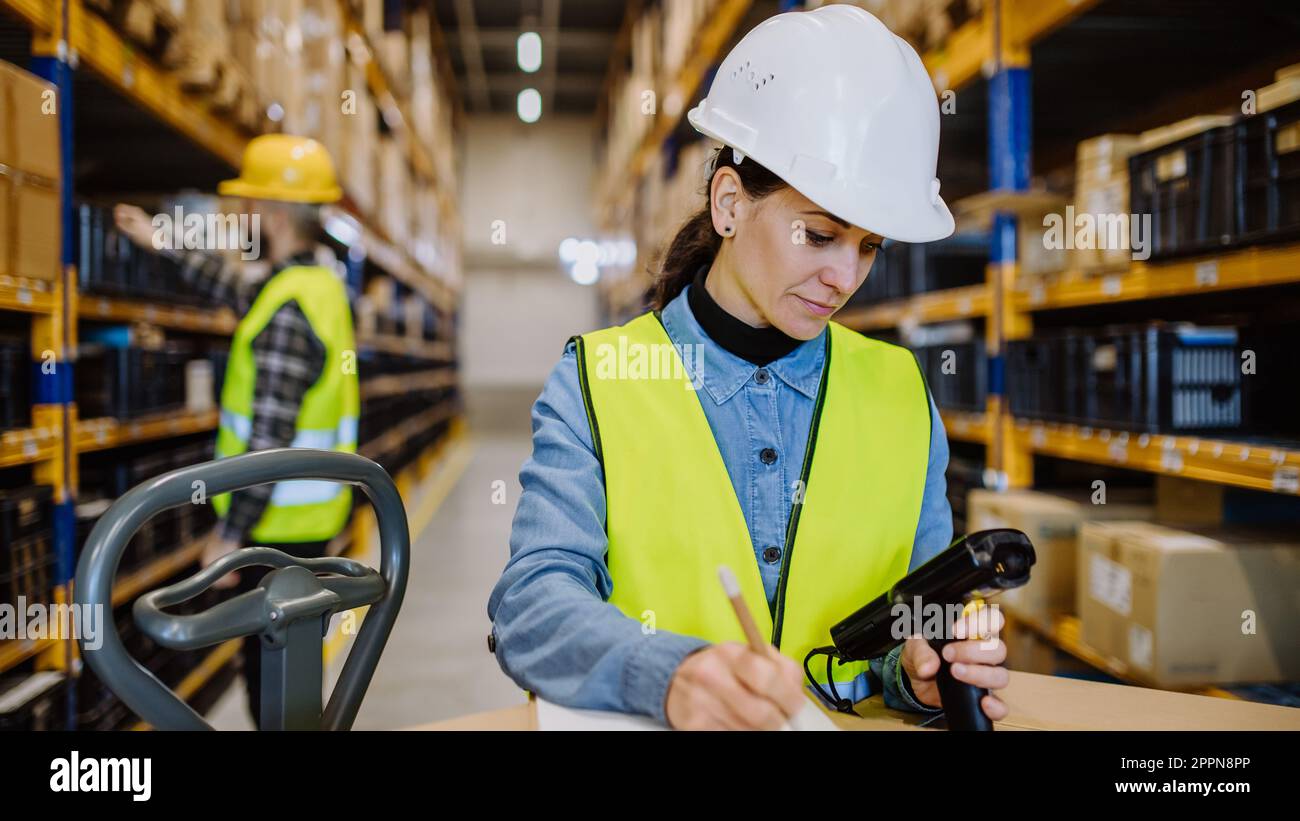 Warehouse workers checking stuff in warehouse with digital system. Stock Photo