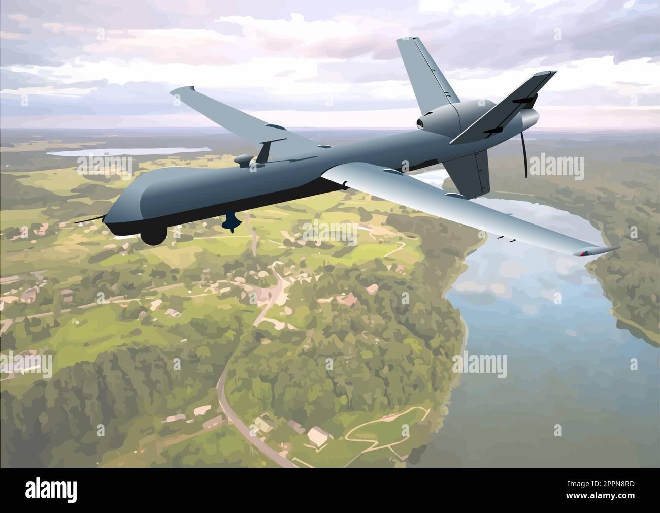 Army drone plane flying in country. 3d color vector illustration Stock Vector