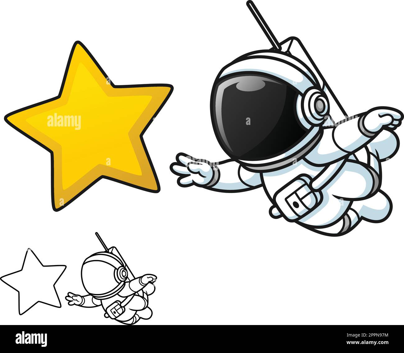 Cute Astronaut Floating Reaching Star with Black and White Line Art Drawing Stock Vector
