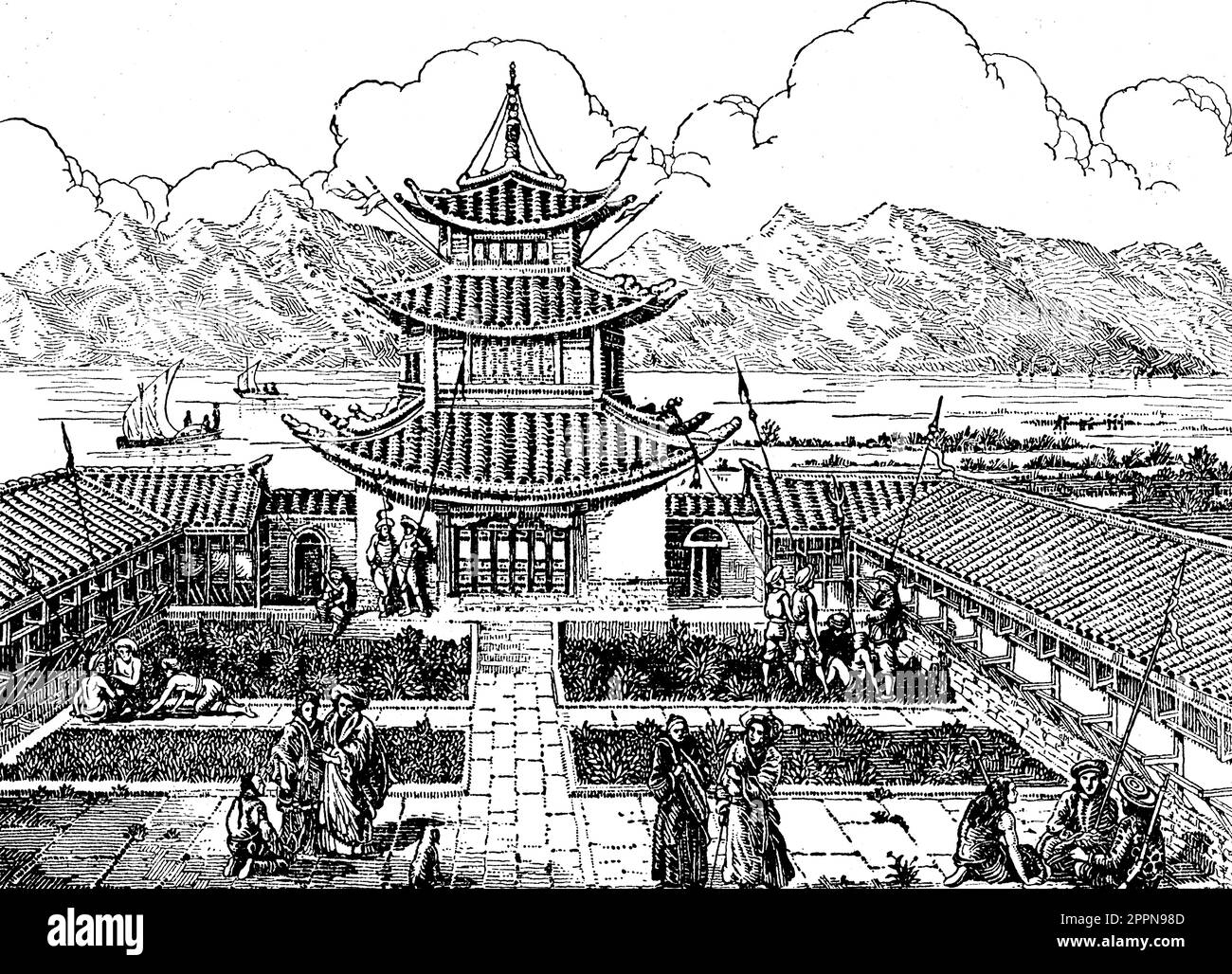 The garden house of Marco Polo on the lake at Yunnan-Fu, Yachi, China. From 'The Book of Ser Marco Polo, the Venetian : concerning the kingdoms and marvels of the East', 1871. Translated by Colonel Sir Henry Yule (1820-1889). Stock Photo