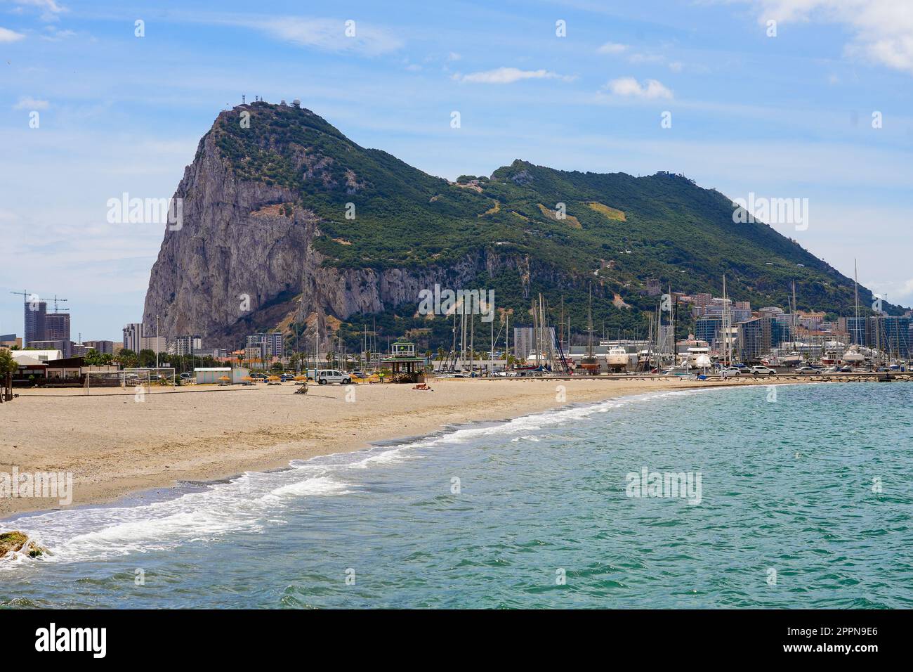 Poniente Beach in La Linea with a view over the Rock of Gibraltar in Andalusia, Spain Stock Photo