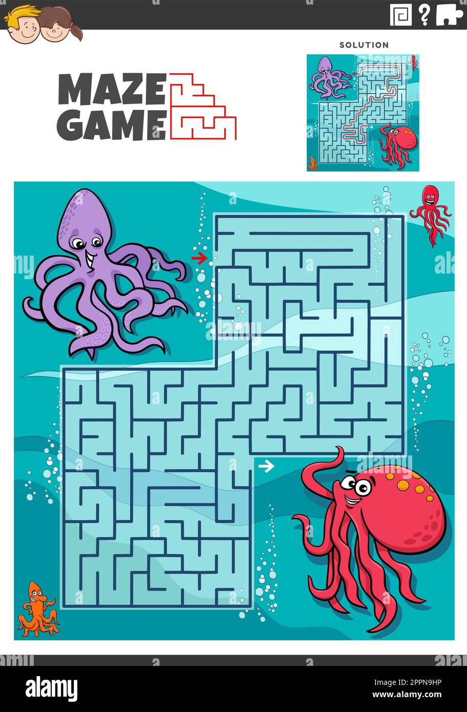 Maze Game With Cartoon Octopus Animal Characters Stock Vector Image ...