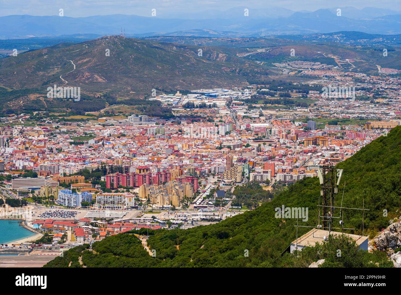Aerial view of the city center of La Linea in the South of Spain, from the rock of Gibraltar Stock Photo