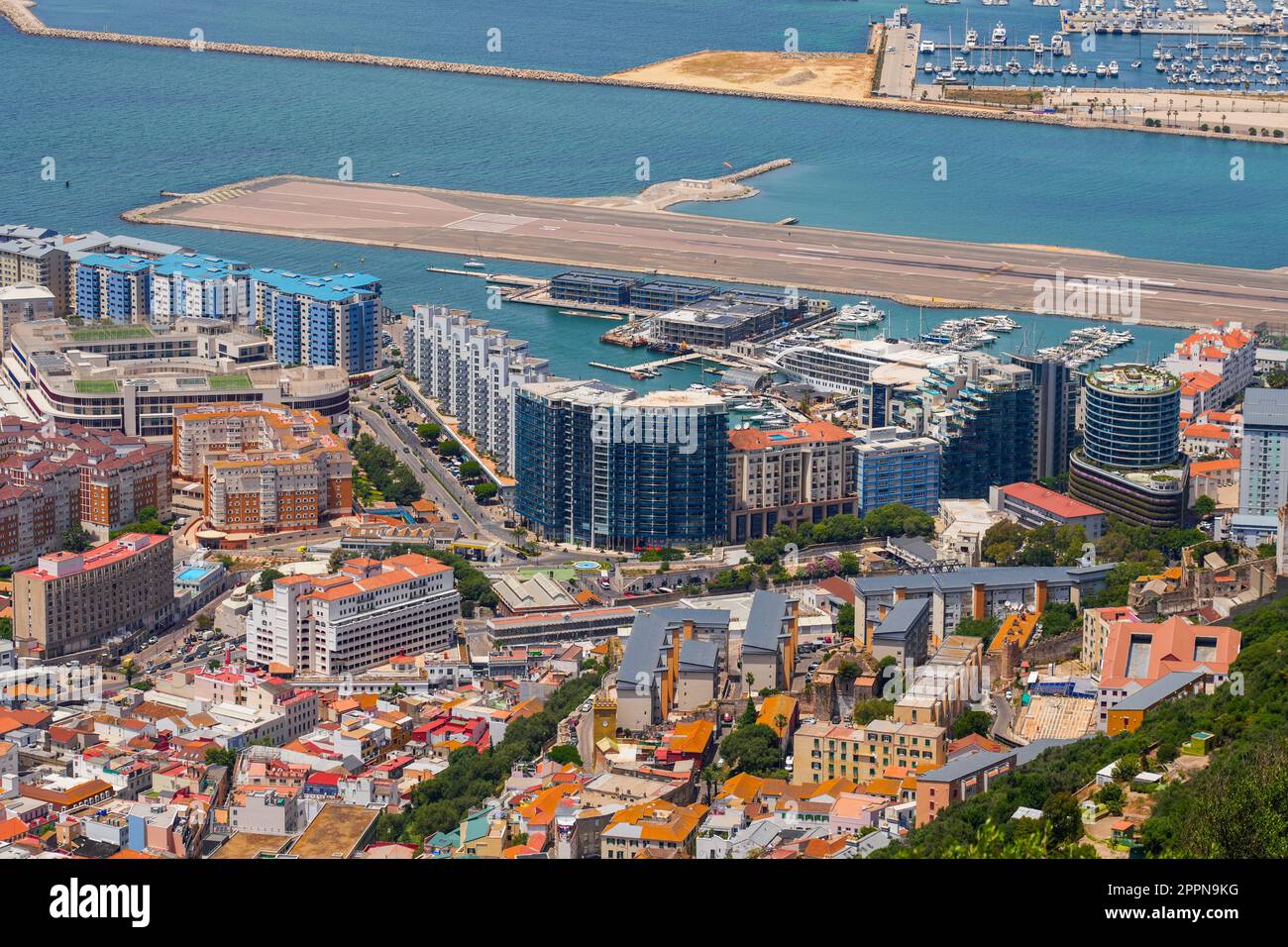Aerial view of some appartment buildings in Gibraltar, an Overseas Territory of the United Kingdom located in the South of Spain in the Mediterranean Stock Photo