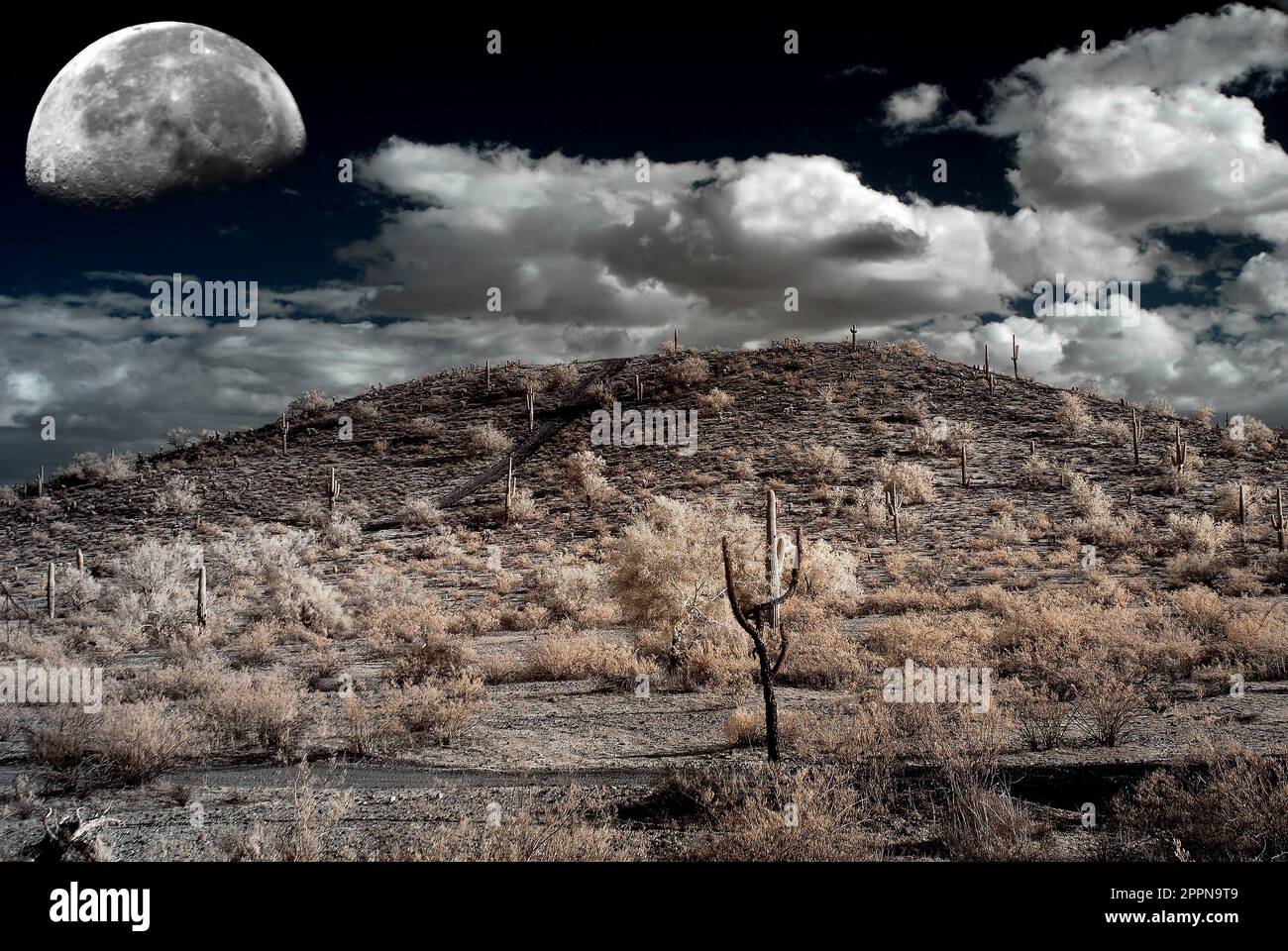 Moon Desert storm over the southwestern desert and mountains Stock Photo