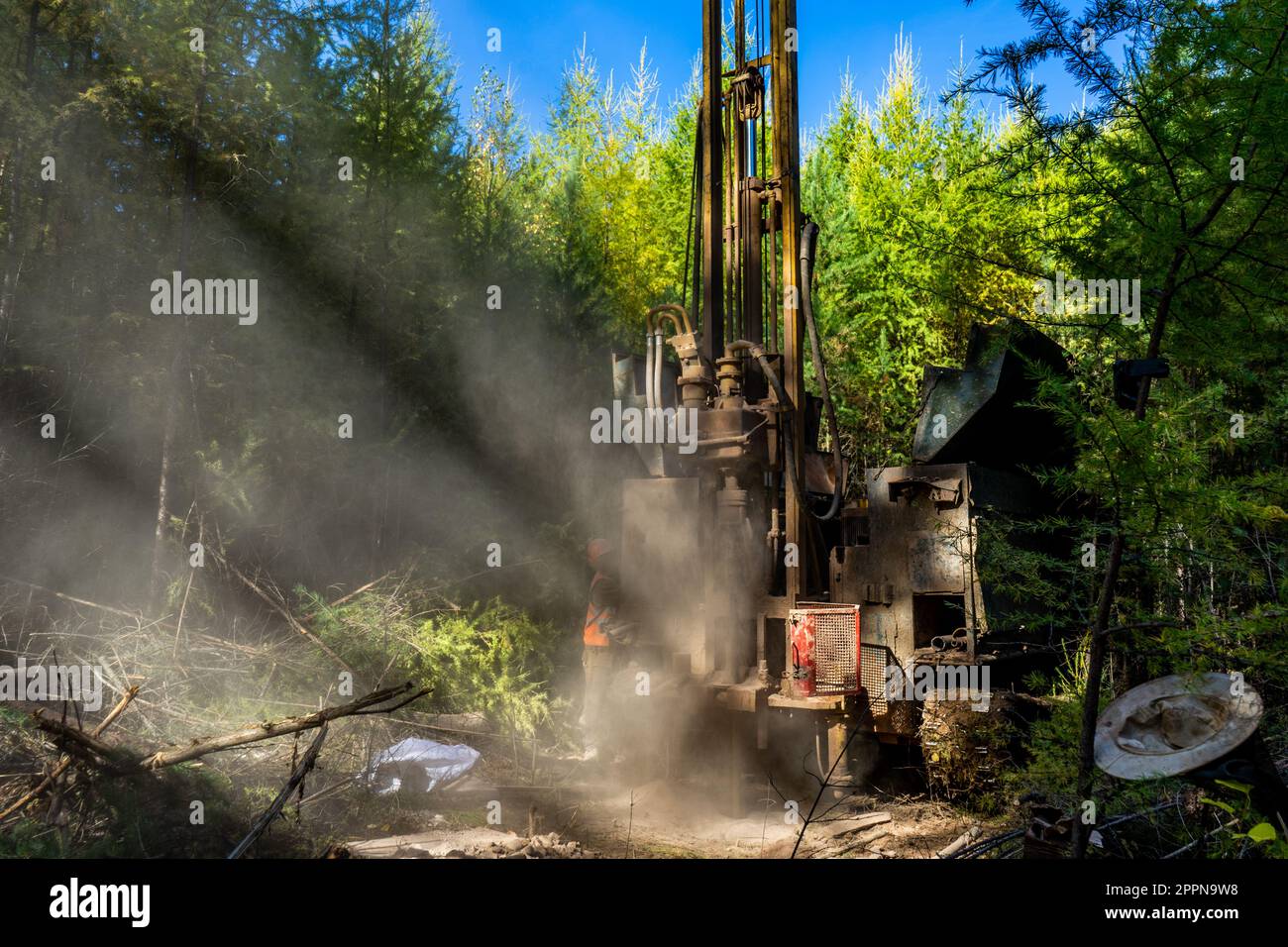 Working process of drilling a geological well. Dust when drilling