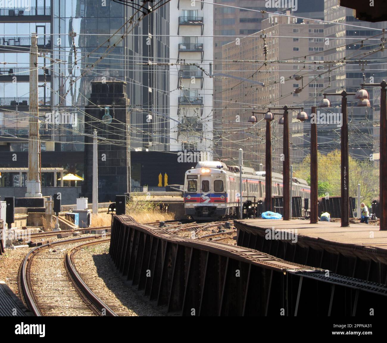 A SEPTA Regional Rail Silverliner V train approaches 30th Street