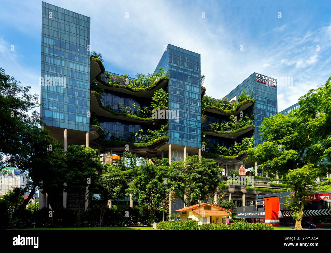 Hotel Parkroyal Collection Pickering with its  attracting attention lush, green terraces, Singapore. The project is gaining knowledge of how we can Stock Photo