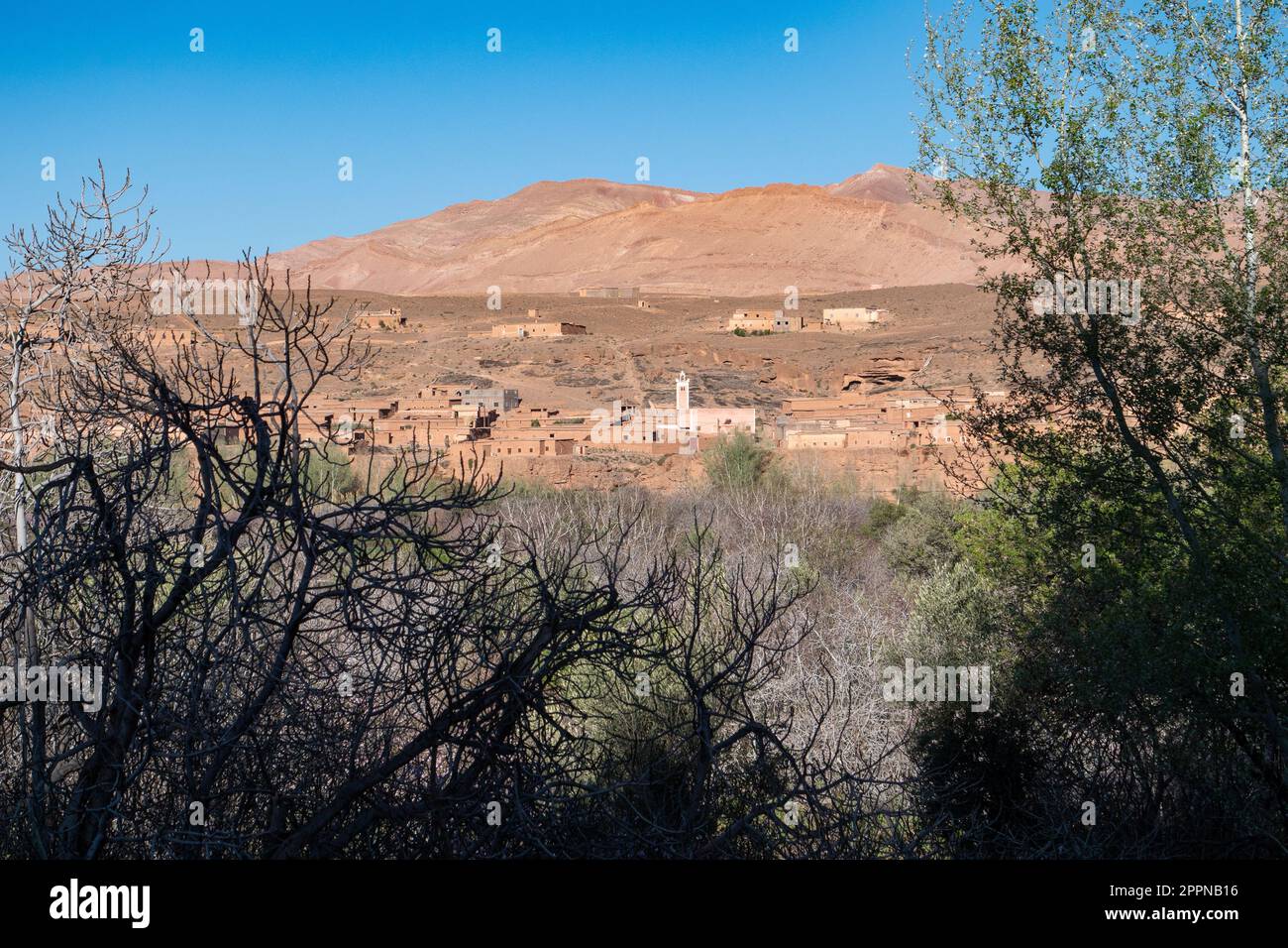 Ansicht eines traditionellen Berberdorfes mit Hohen Atlas Bergen im Hintergrund Stock Photo