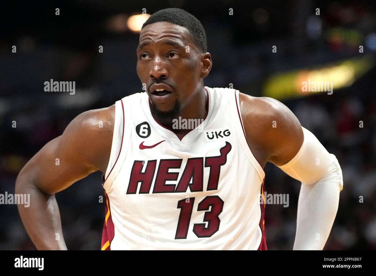 Miami Heat center Bam Adebayo (13) stands on the court during the first