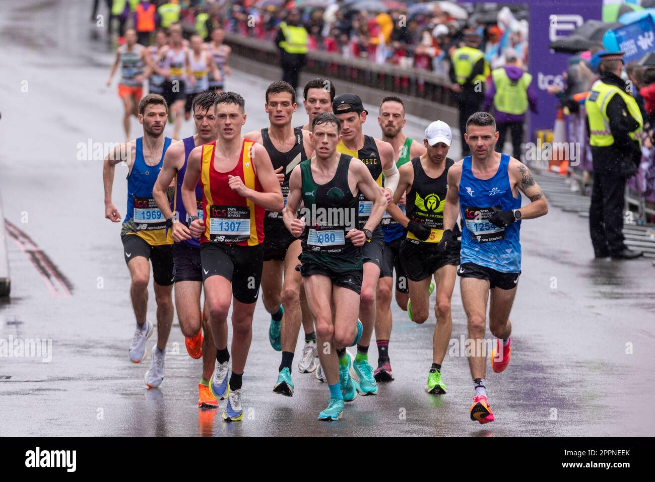 Leading club runners competing in the TCS London Marathon 2023 passing