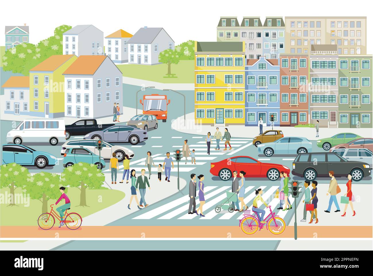 People and car traffic in the city illustration Stock Vector Image ...