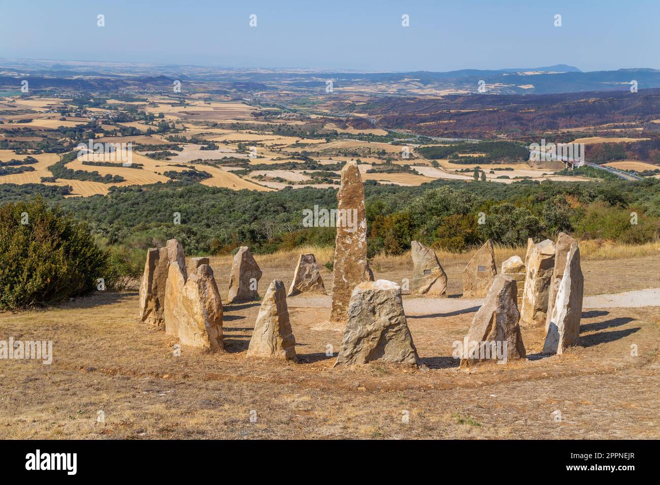 Pamplona, Spain: 28 August 2022: Memorial to Spanish Civil War victims on the Alto de Perdon standing on the Camino de Santiago above the Spanish city Stock Photo