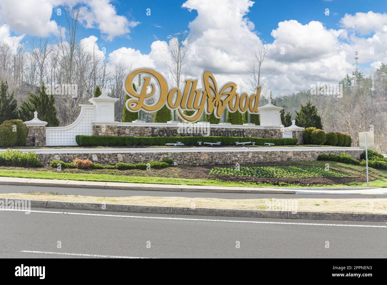 Pigeon TN March 2022 Dollywood sign near the entrance to the theme park in Pigeon
