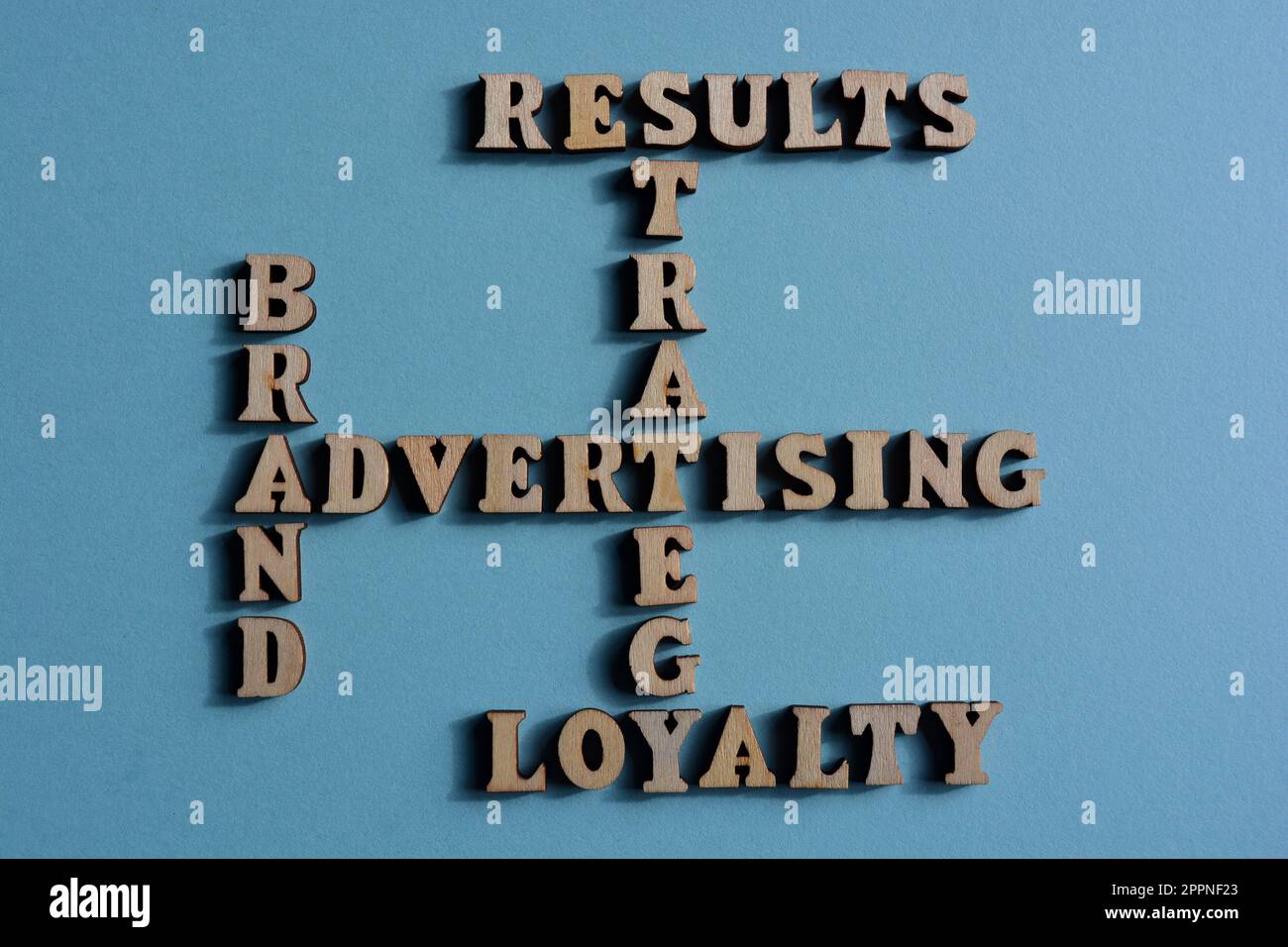 Advertising, Strategy, Results, Brand, Loyalty, words in wooden alphabet letters in crossword form isolated on blue background Stock Photo