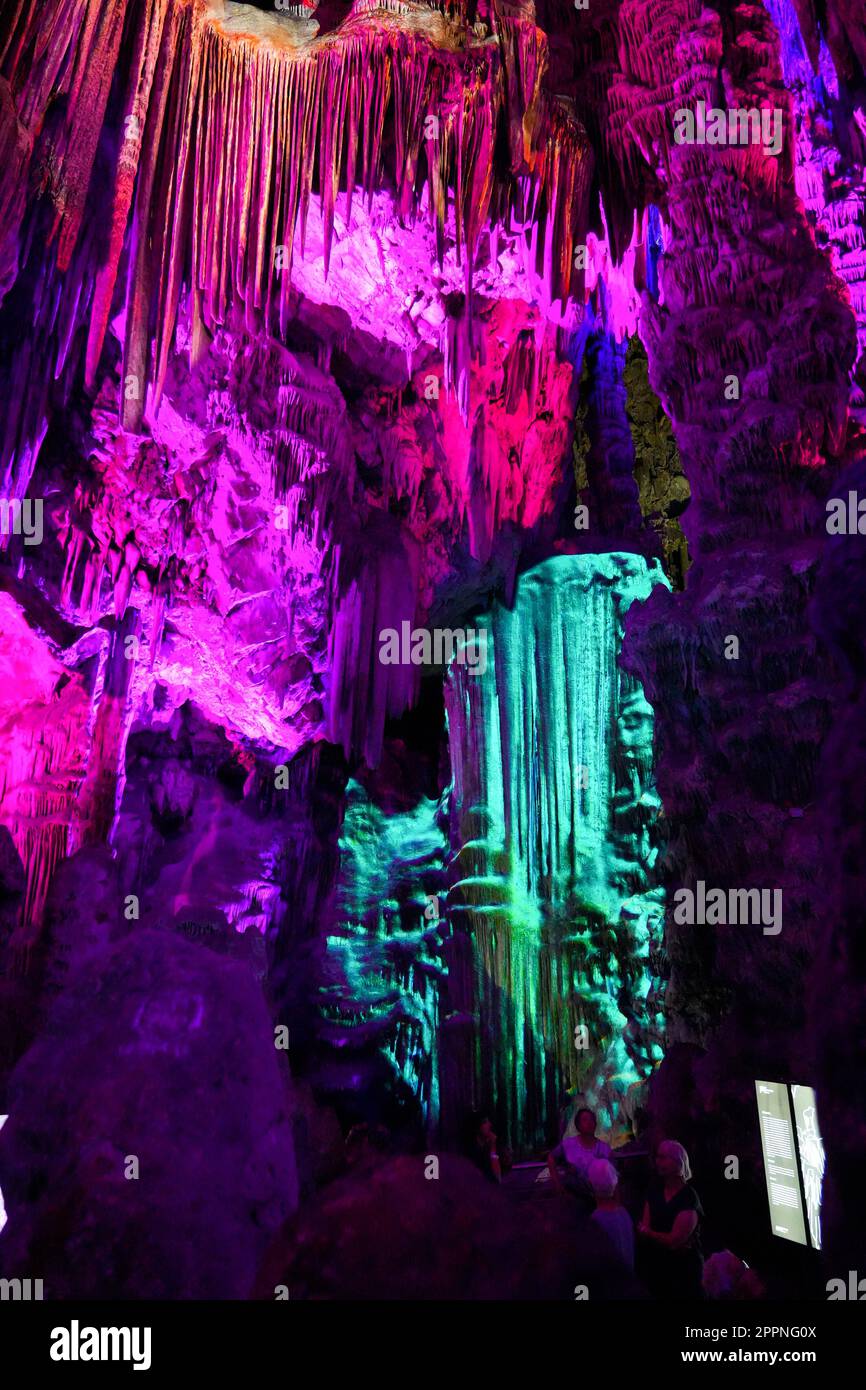 Colored lights inside Saint Michael's cave in the rock of Gibraltar in