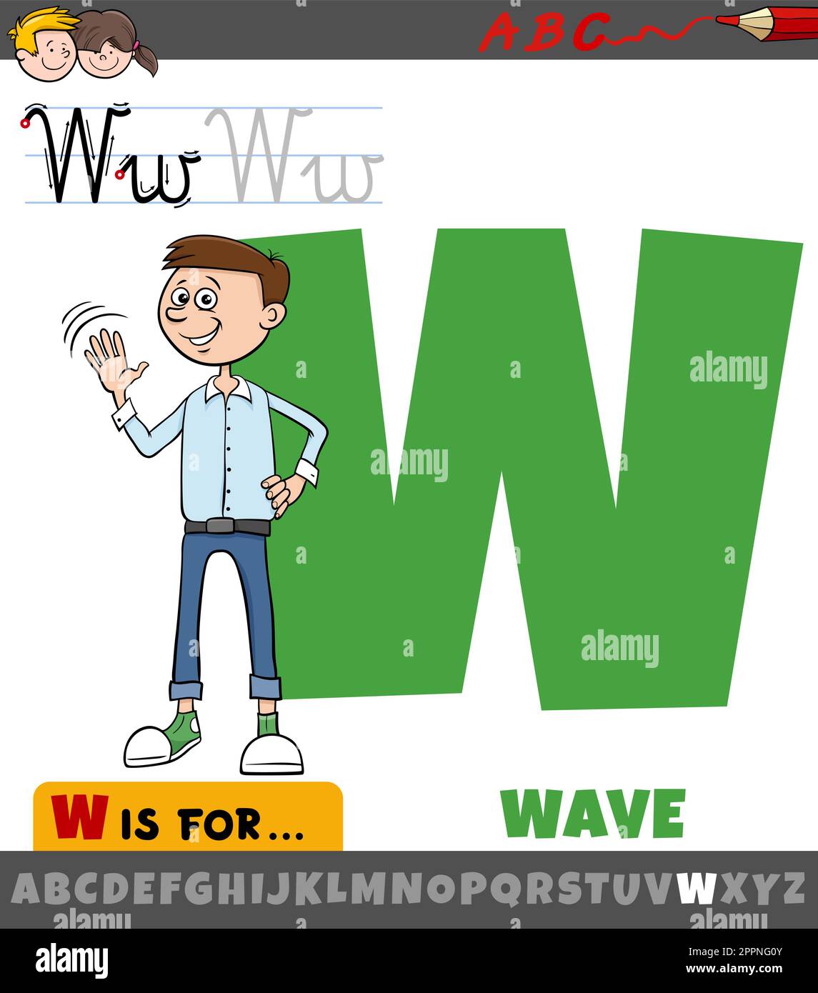 letter W from alphabet with cartoon boy waving hand Stock Vector Image ...