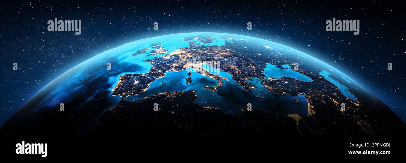 Europe from space city lights. Elements of this image furnished by NASA. 3d rendering Stock Photo
