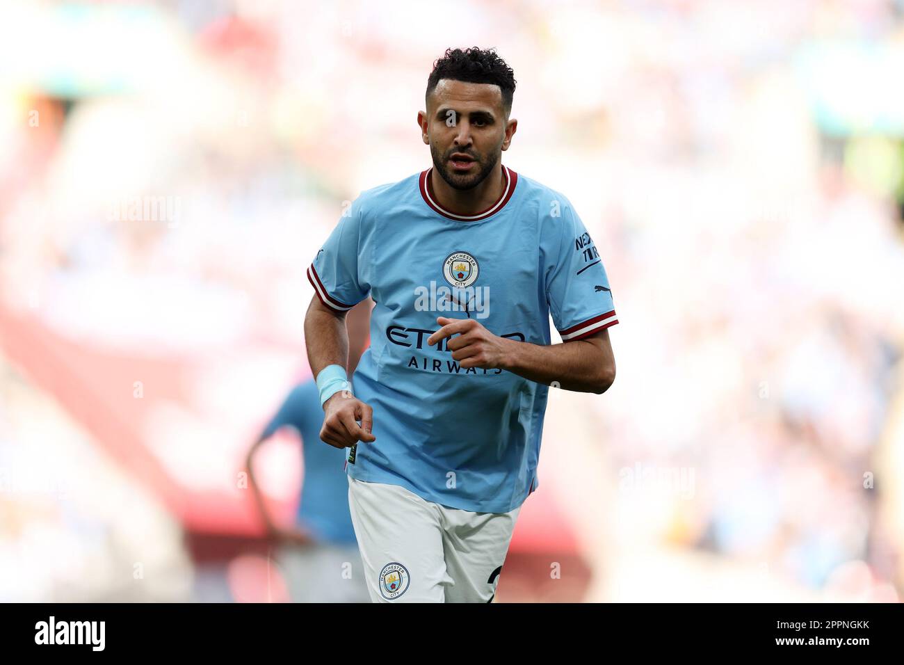 London, UK. 22nd Apr, 2023. Riyad Mahrez of Manchester City looks on. The Emirates FA Cup, semi final, Manchester City v Sheffield Utd at Wembley Stadium in London on Saturday 22nd April 2023. Editorial use only. pic by Andrew Orchard/Andrew Orchard sports photography/Alamy Live News Credit: Andrew Orchard sports photography/Alamy Live News Stock Photo