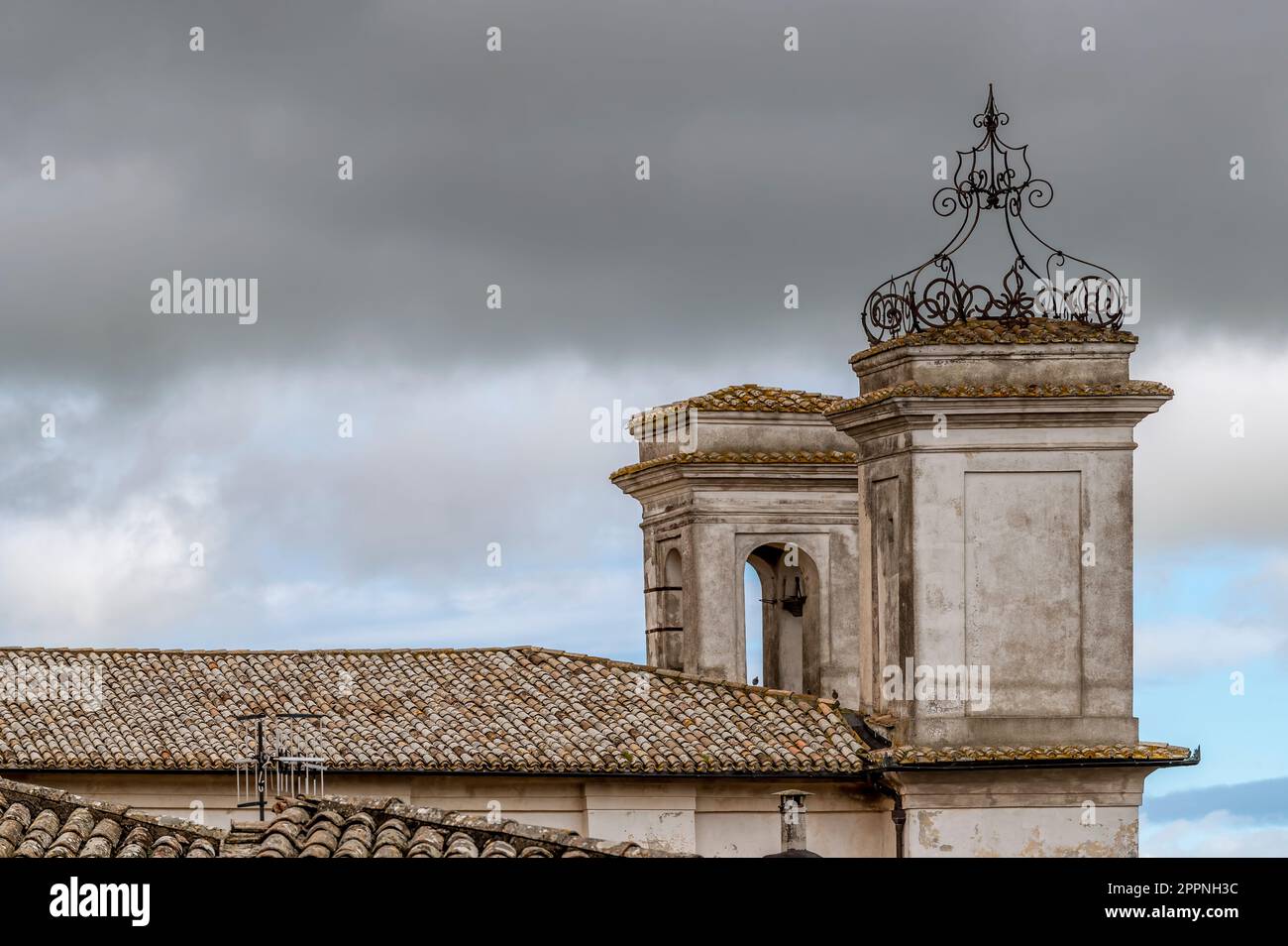 The two bell towers of the Seminario Barbarigo, Church of San Bartolomeo in Montefiascone, Italy Stock Photo