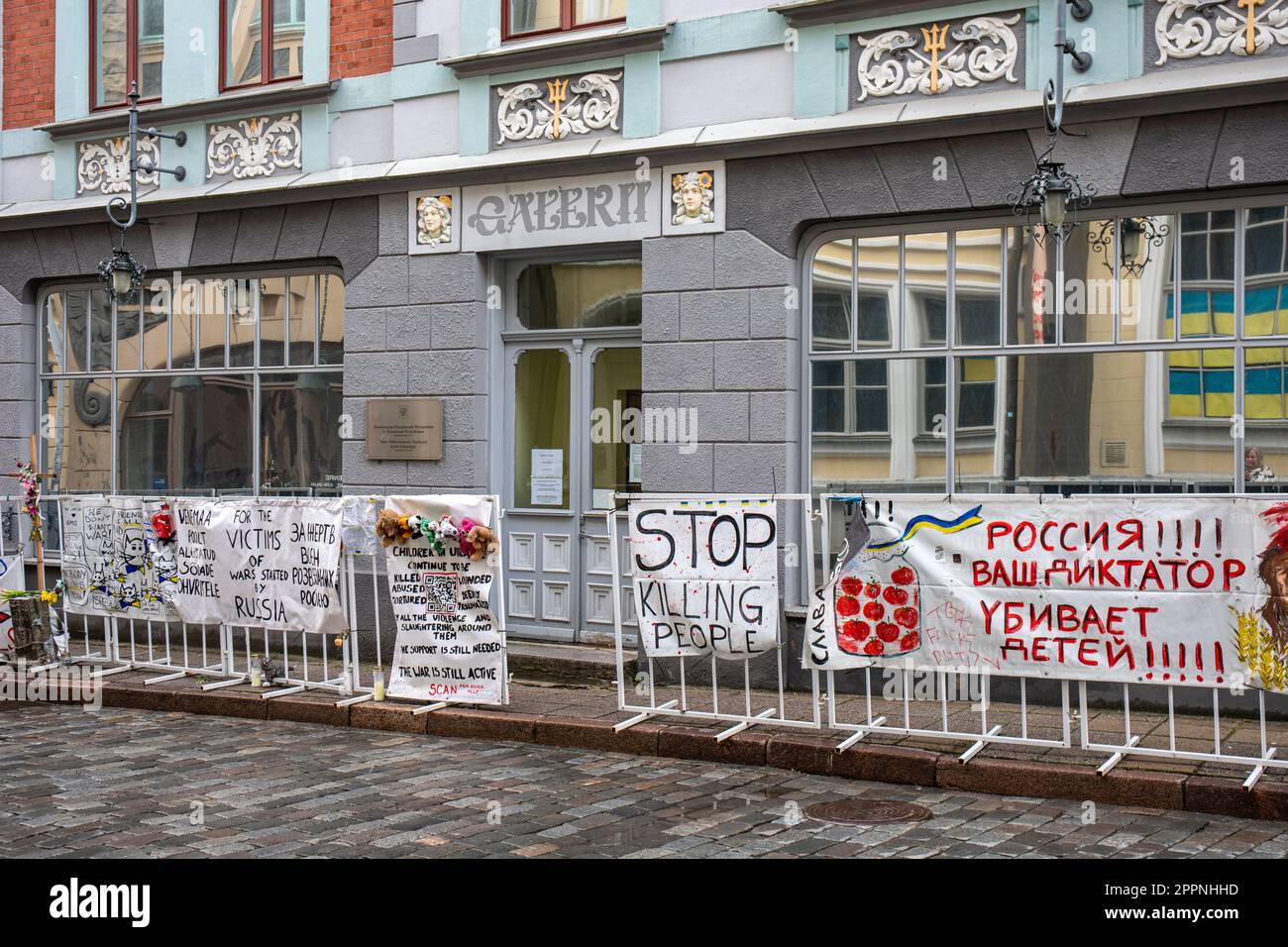 Stop Killing People! Banners protesting against war in Ukraine on a fence  in front of Russian Embassy at Pikk 19 in Tallinn, Estonia. Stock Photo