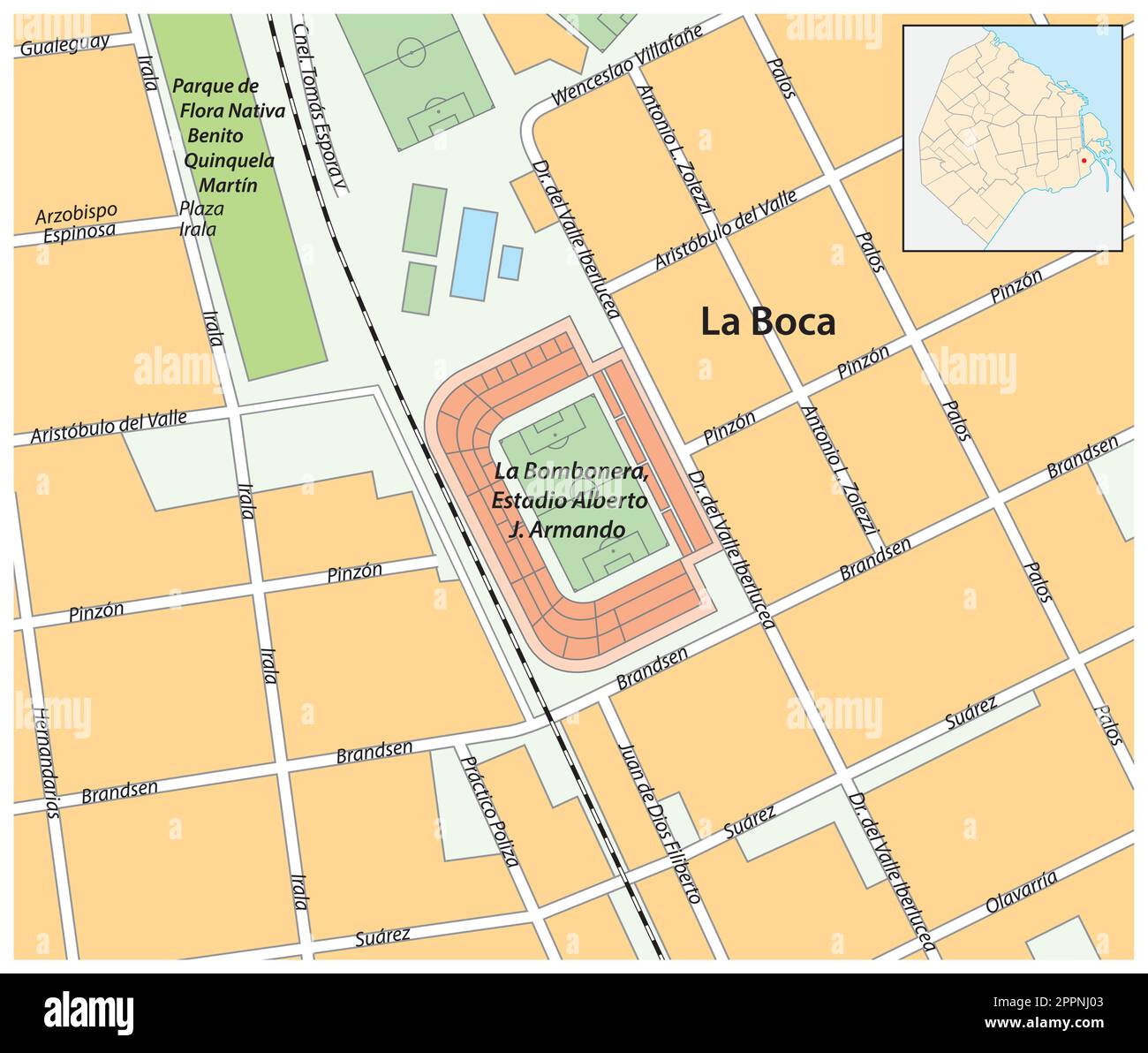 Map of La Bombonera stadium in Buenos Aires, Argentina Stock Vector