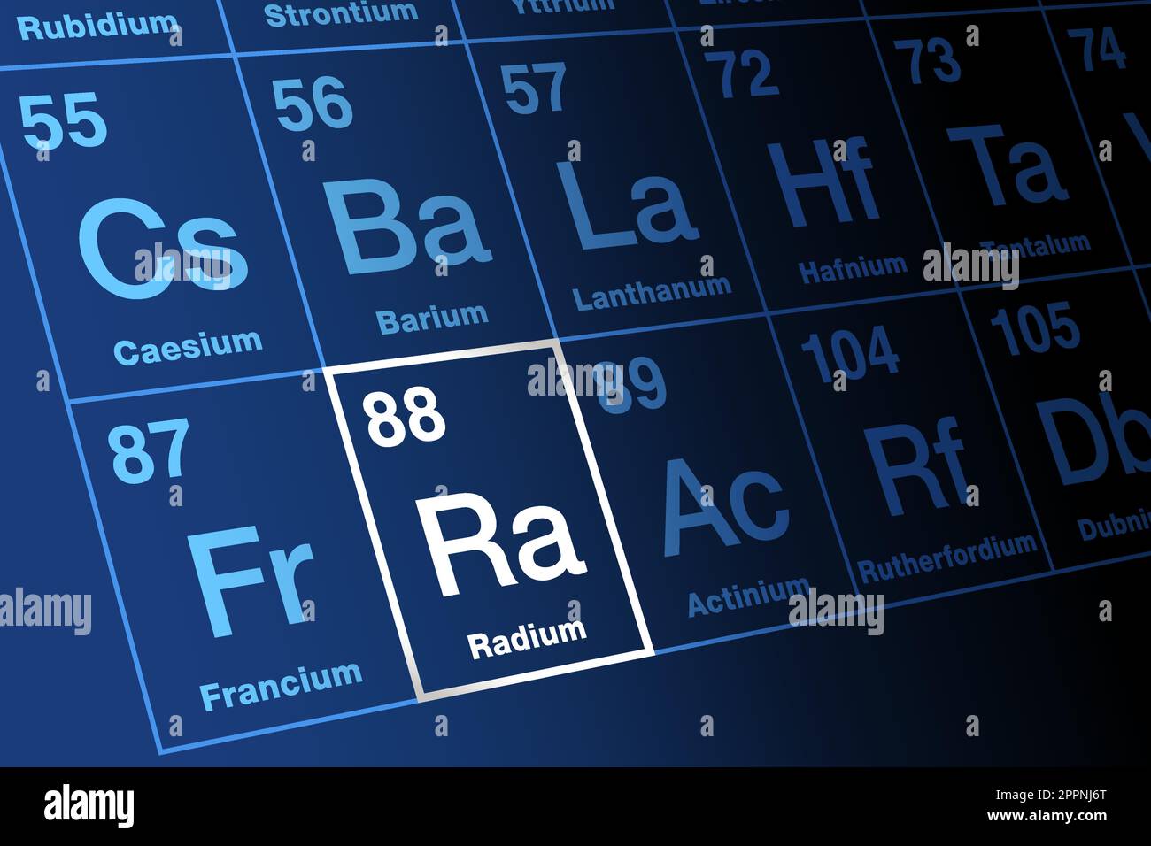 Radium on periodic table of the elements, with element symbol Ra Stock Vector