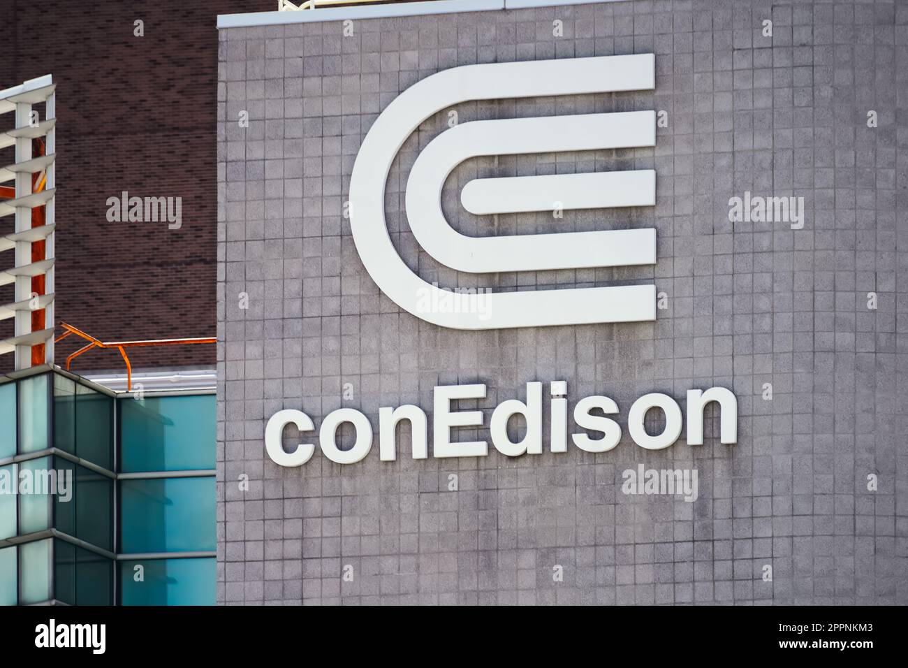 New York, NY - April 9, 2023 : ConEdison gas and electric utility service sign and logo on Manhattan office building Stock Photo