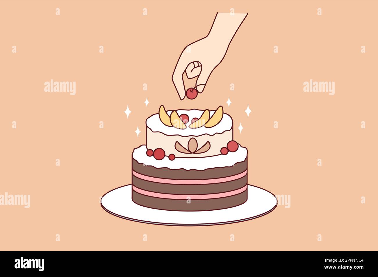 Person decorate cake with fruit Stock Vector