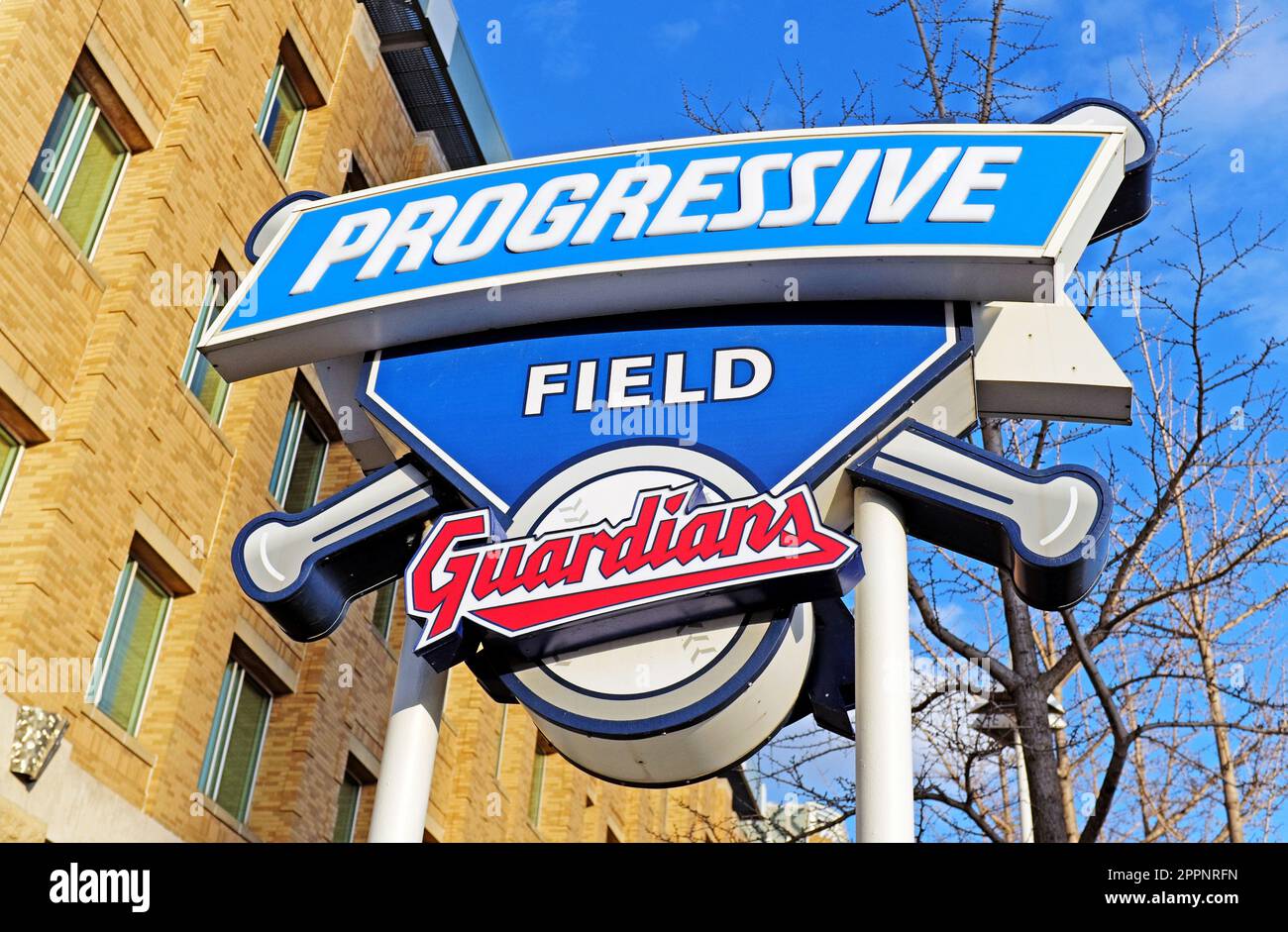 Progressive Field Guardians sign outside the Guardians baseball team home field in Cleveland, Ohio, USA Stock Photo