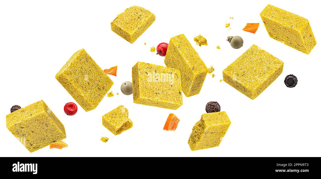 Bouillon cubes isolated on white background, chicken broth concentrate