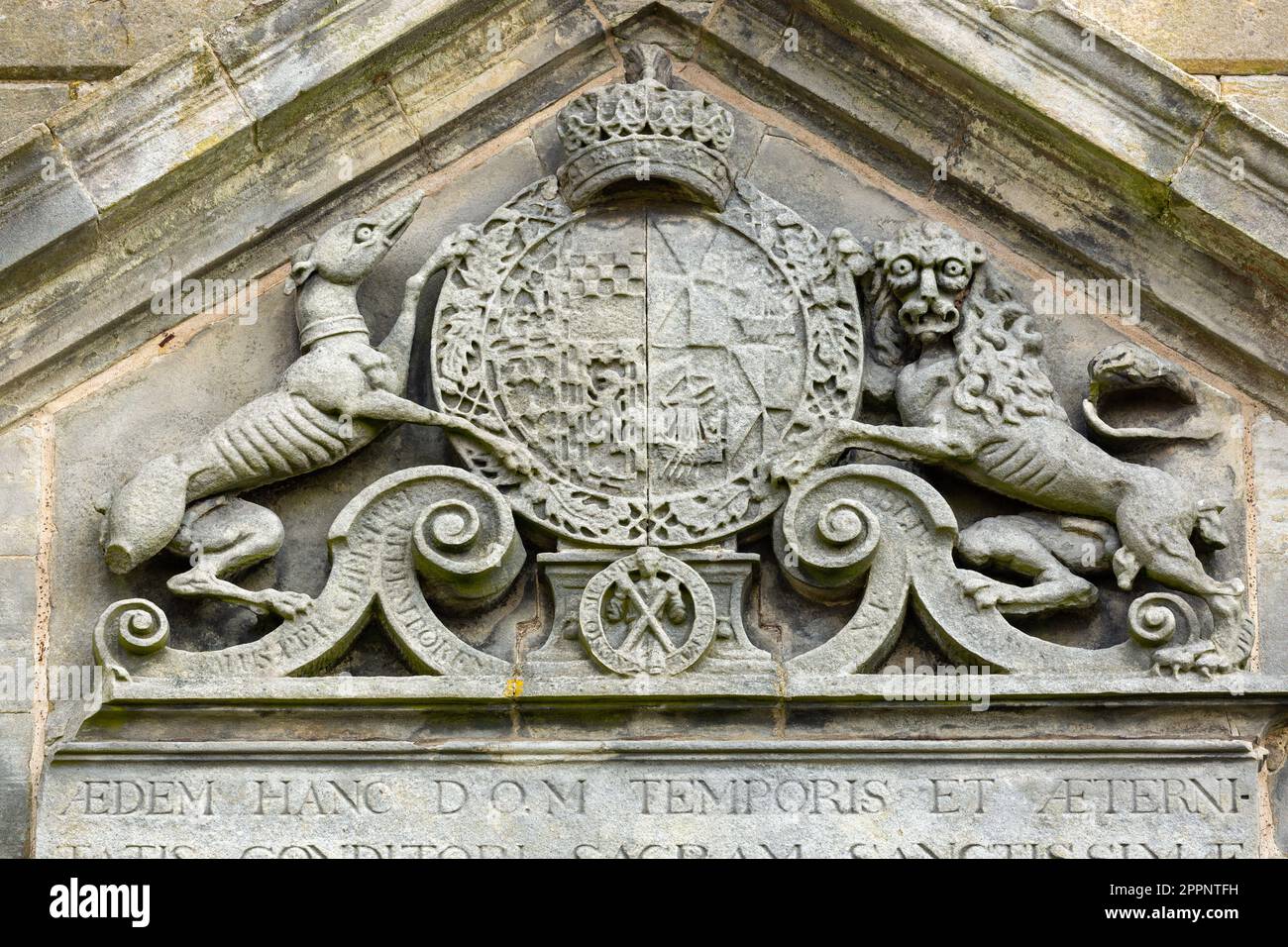 Earl of Moray coat of arms on Donibristle Chapel a mortuary chapel in Dalgety Bay, Fife Stock Photo