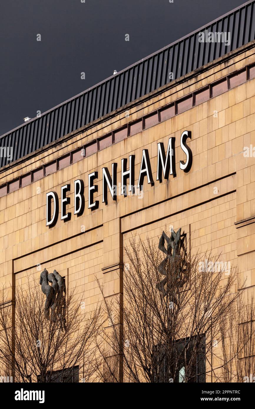 The shop sign for the closed Debenhams Department Store at the Overgate shopping centre Dundee. Stock Photo