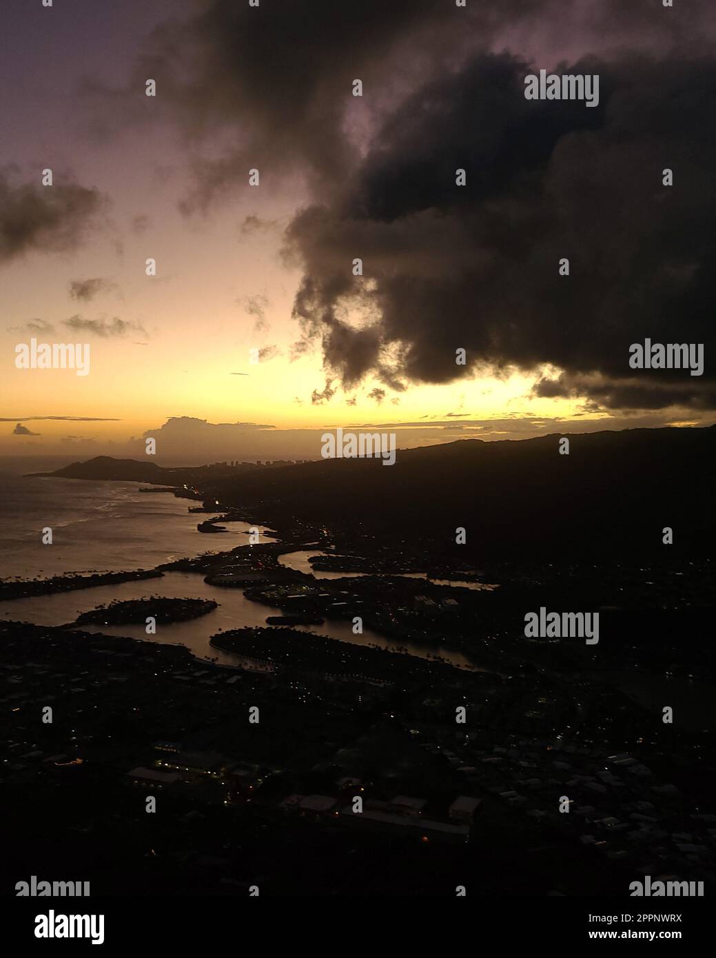Sunset from top of Koko Head Crater. High quality photo. A railroad
