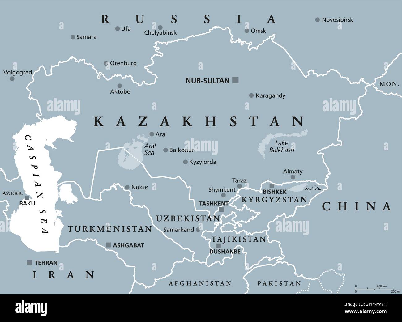Central Asia, a subregion of Asia, gray political map Stock Vector